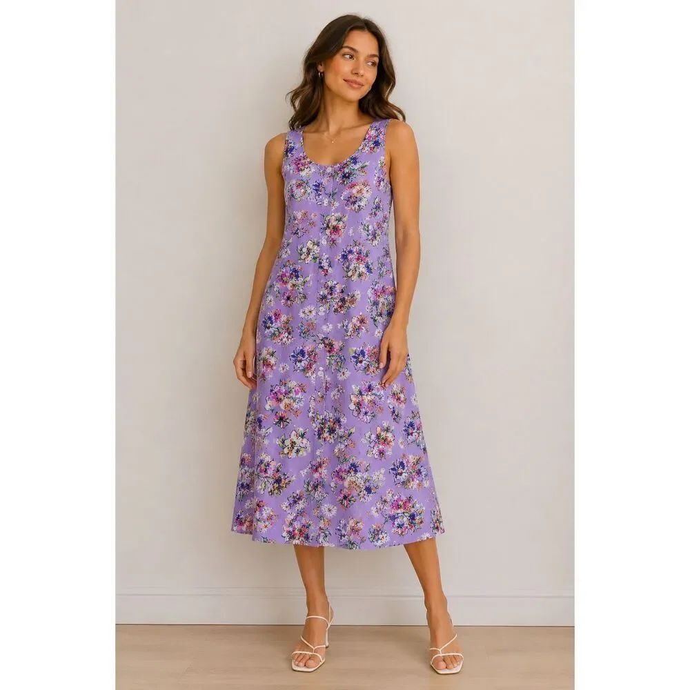 Koret Floral Midi Dress Purple Rayon Sleeveless Button Front Smocked Back Medium